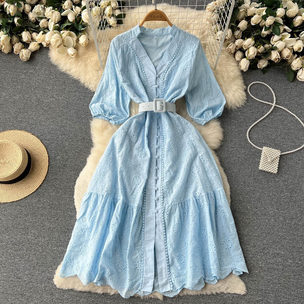 V-Neck Hollow-Out Dress Puff Sleeve Loose Embroidery Slim Waist Slim Fit  V-Neck Hollow-Out Dress 9