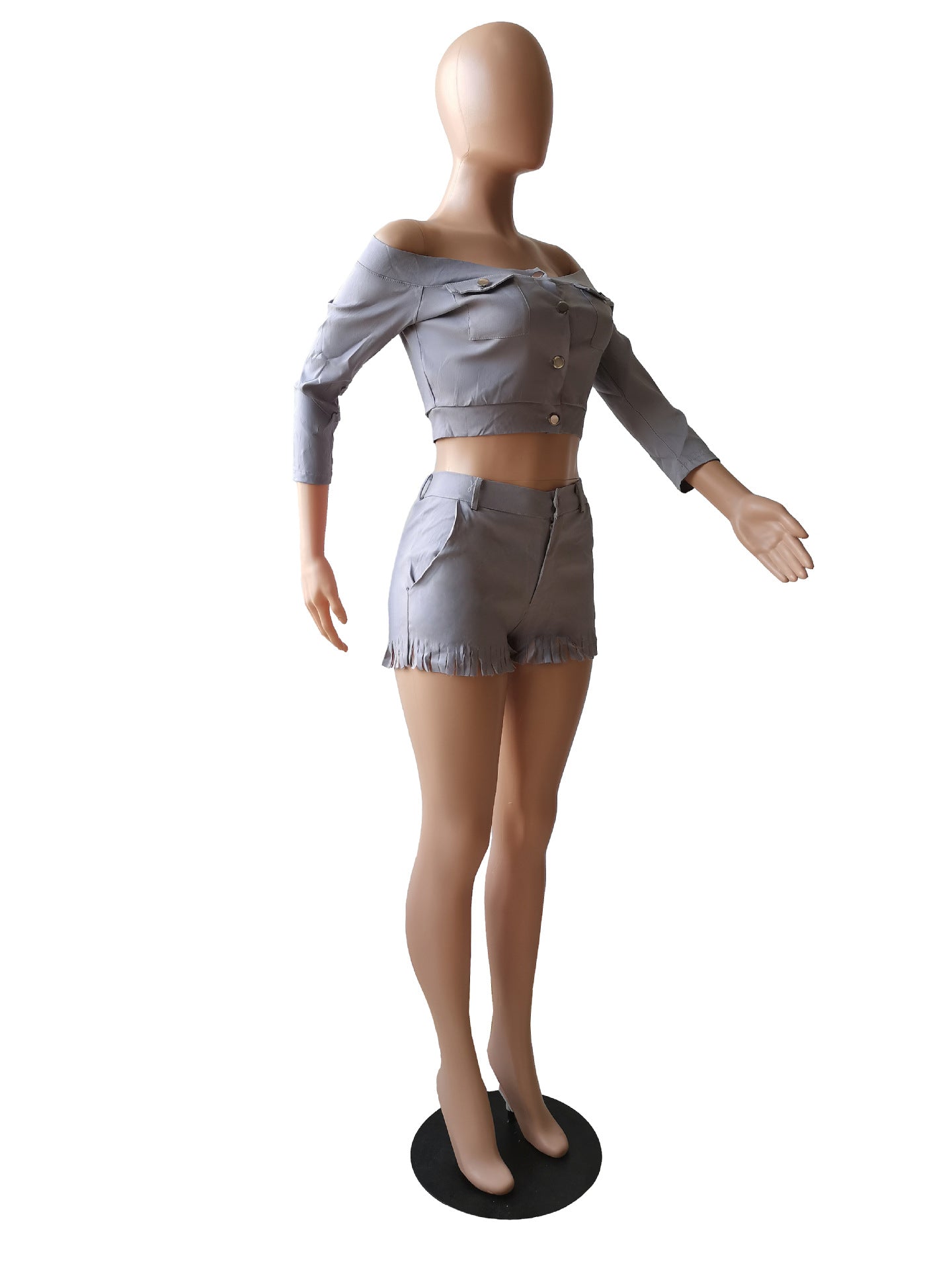 Women's Clothing High Stretch Off Shoulder Two-Piece Shorts Set 19