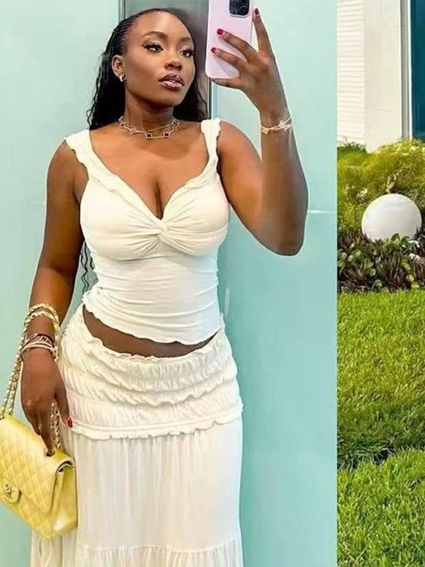 Women Summer Sexy Crop Tank Top and French Pleated Skirt Two-Piece Set 7