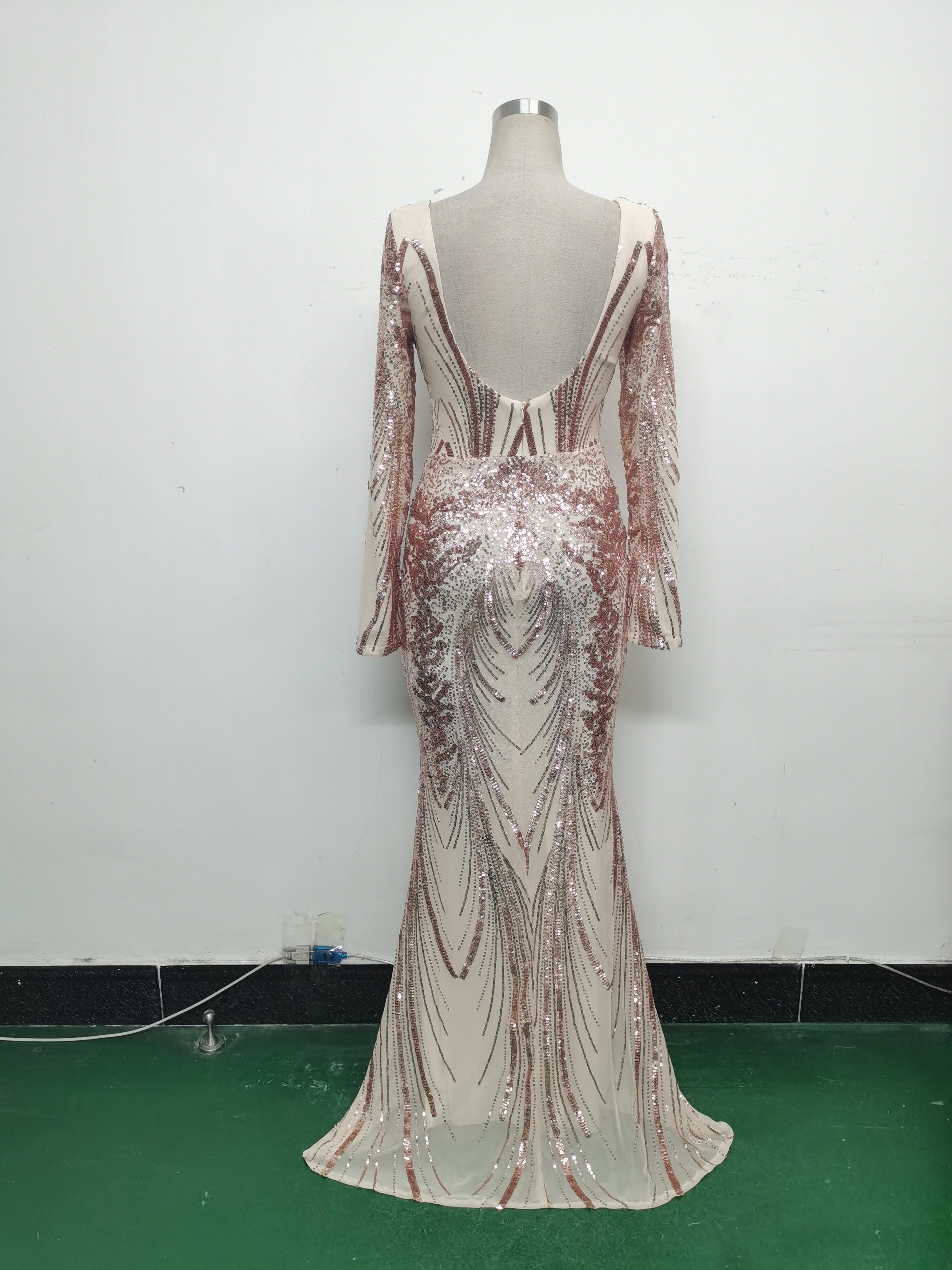 Women Positioning Flower Beaded Long Sleeve Evening Dress 33