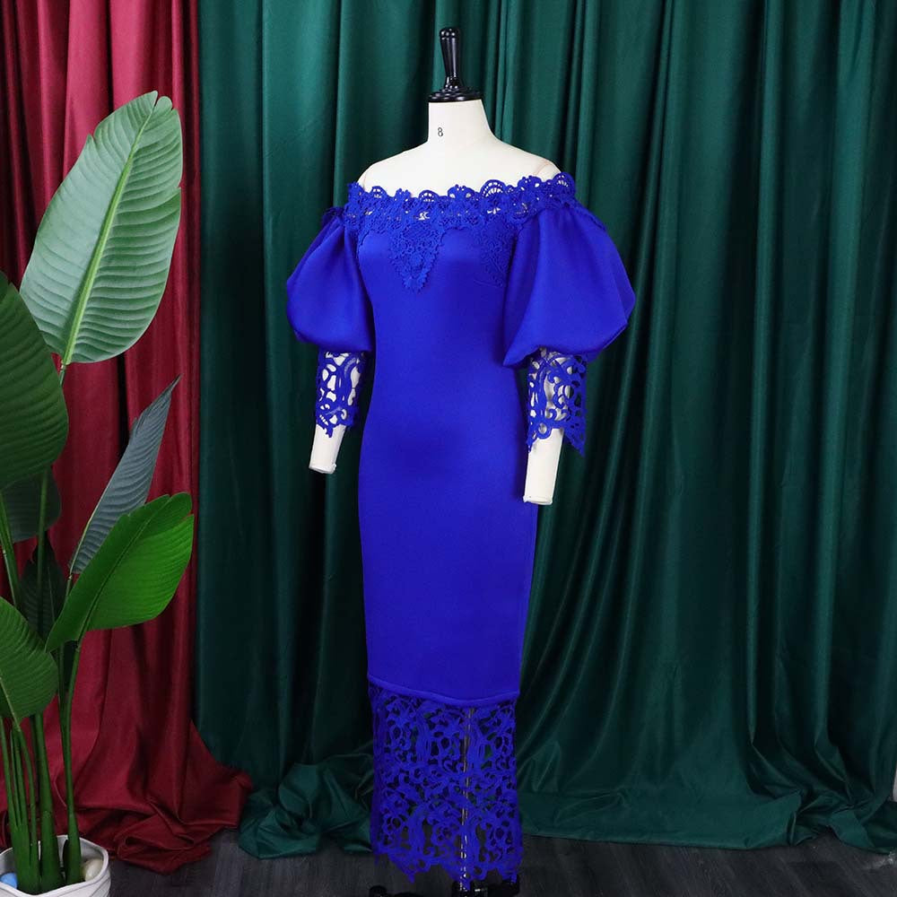 Off Shoulder Off Shoulder Bodycon Lace Patchwork Balloon Sleeve Gown Dress 16