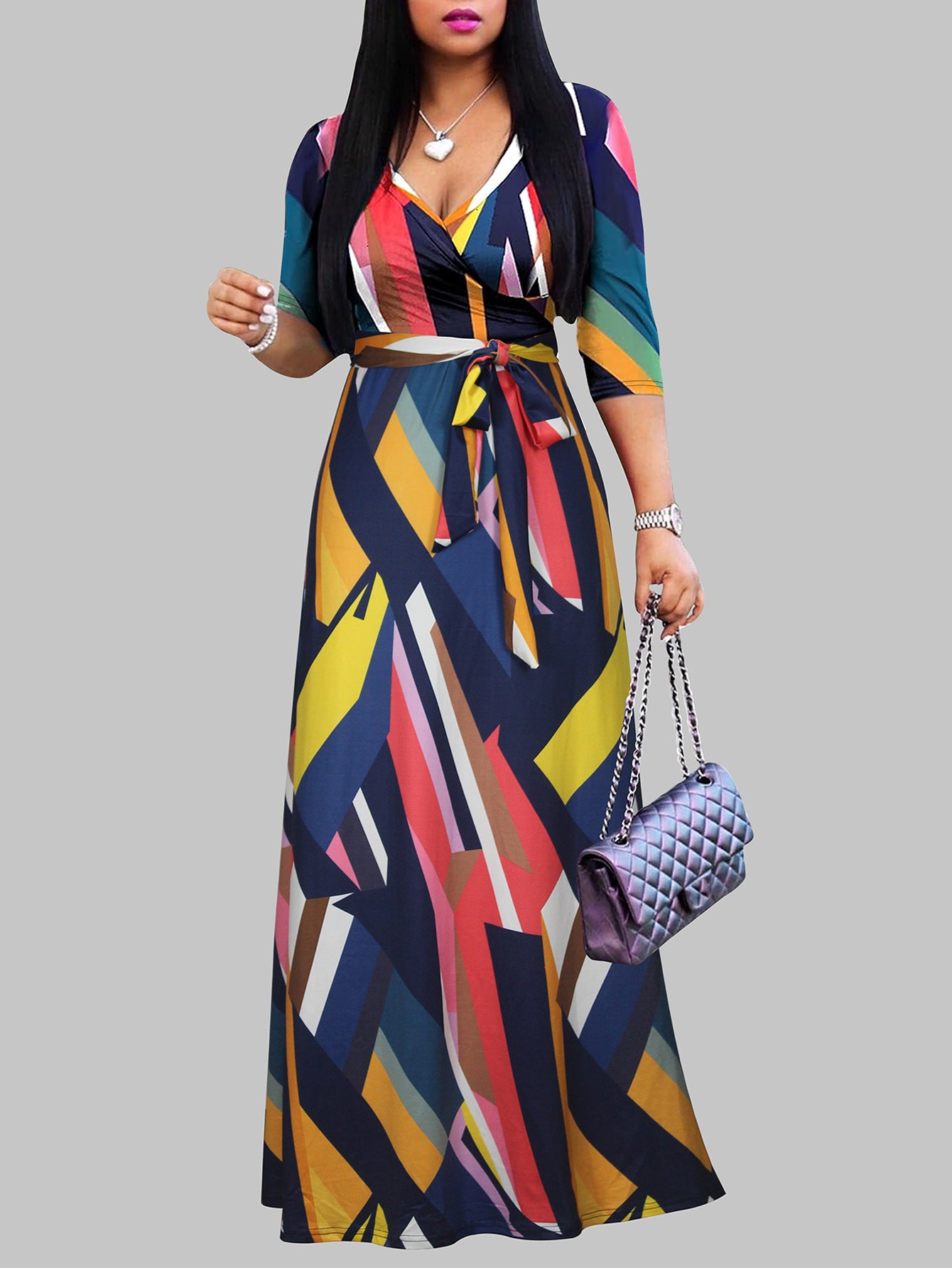 Spring & Autumn Women's Fashion Elegant Wrap V-Neck Half-Sleeve Print Belt Maxi Dress 51