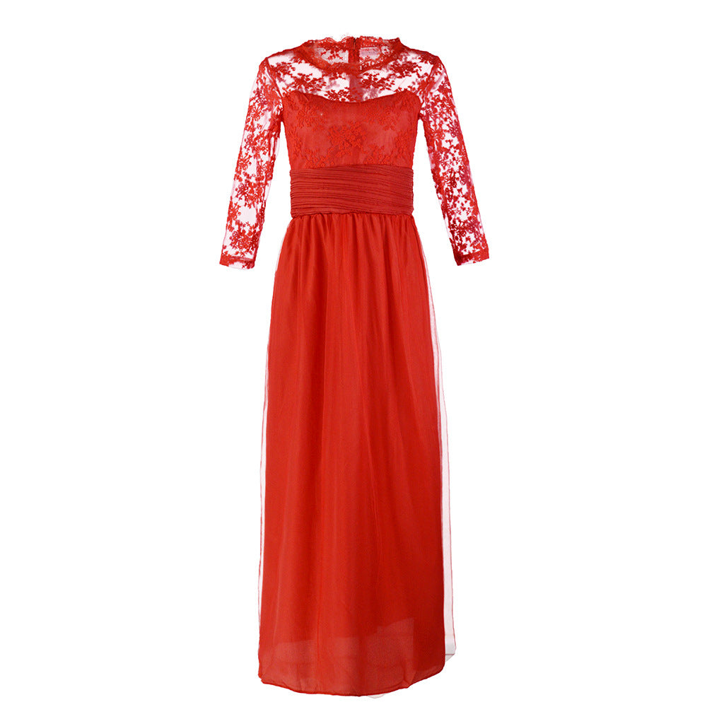 Autumn Women's Red Long Sleeve Lace See-Through Evening Gown 16
