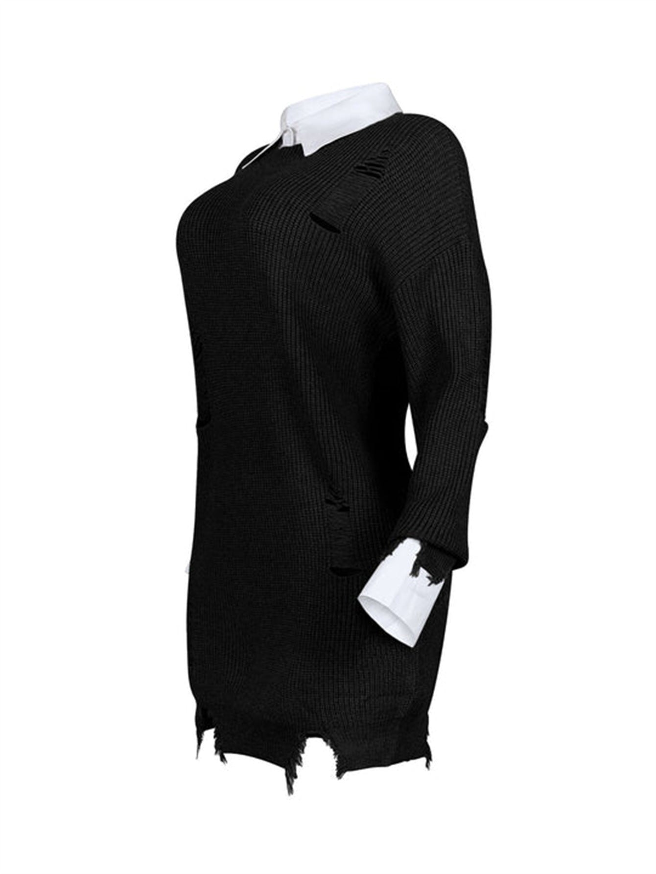 Ripped Casual Loose Solid Color Fashion Turndown-Collar Irregular Mini Dress 11
