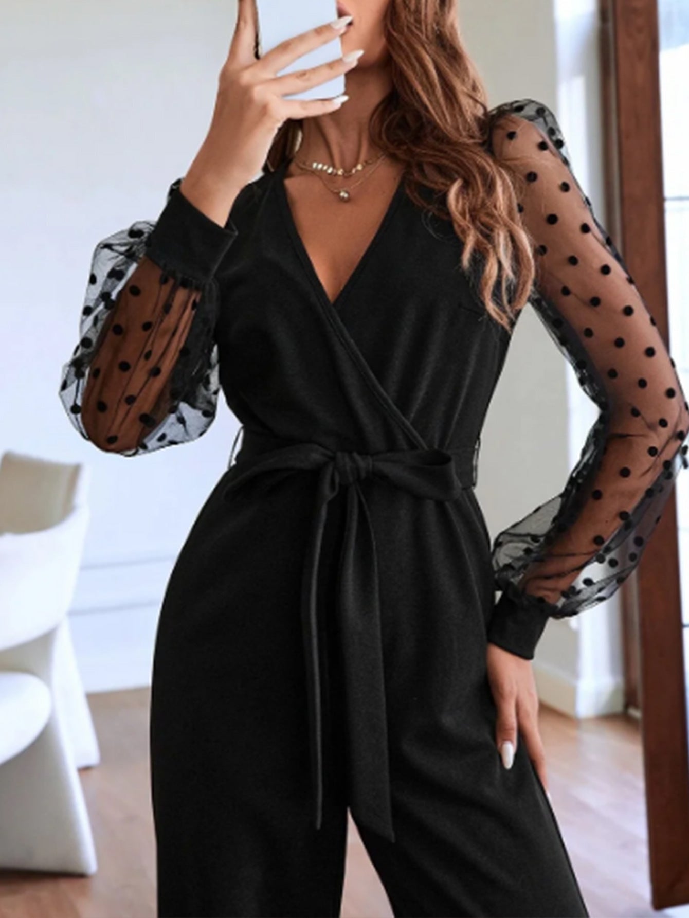 Fashion V-Neck Lace Long-Sleeved  Belt Straight Leg Jumpsuit Elegant Women's Clothing 7