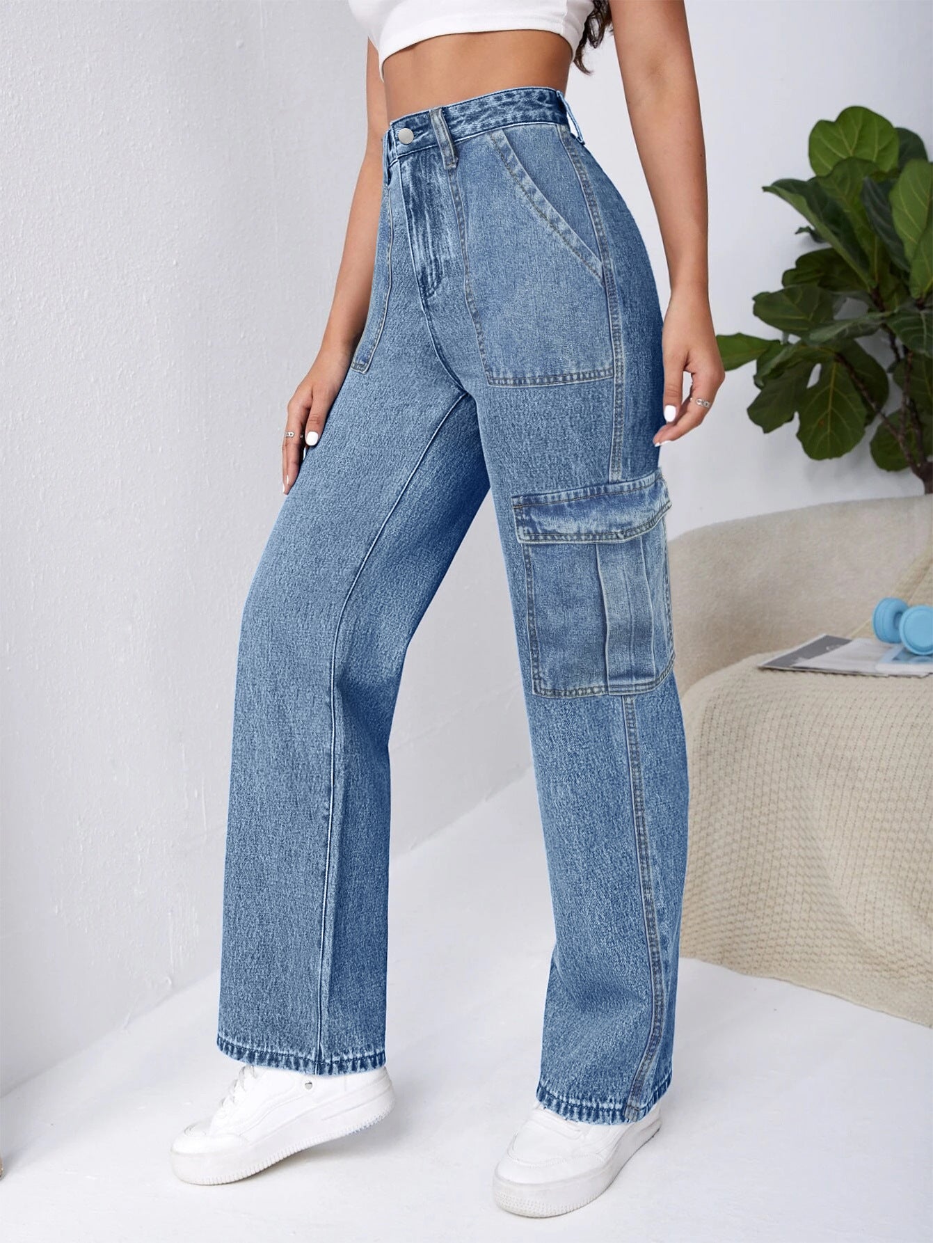 Women Fashion Style Denim Straight Cargo Pants Casual Jeans 4