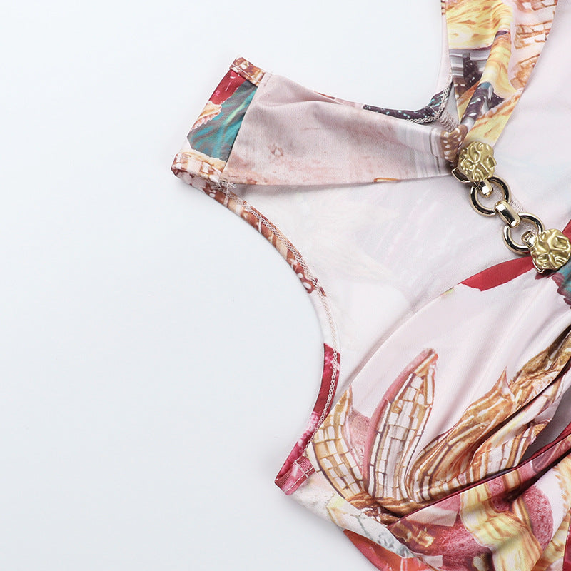 Spring Printed Metal Button Hollow Strapless Bodycon Short Dress 12