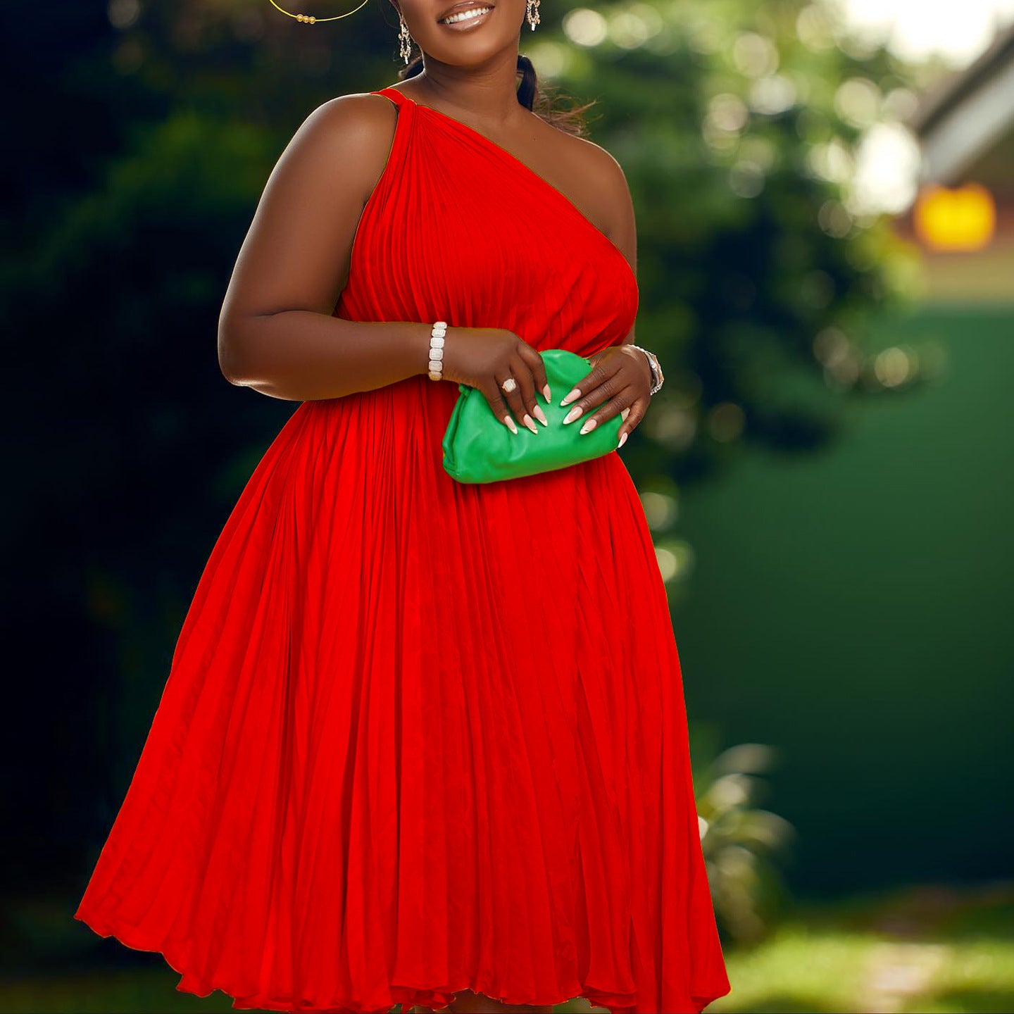 Plus Size African Women Summer Pleated Slash Shoulder Lace-Up Solid Dress 4