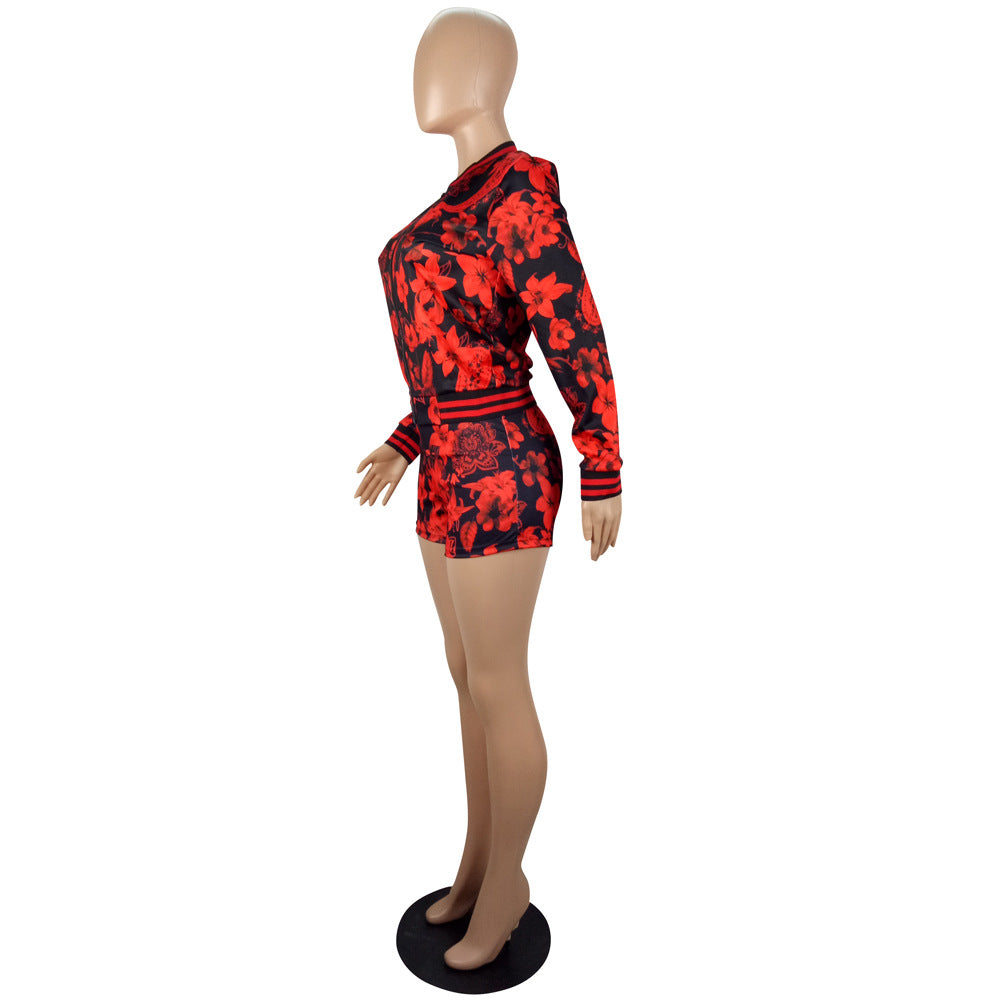 Women Autumn and Winter Style Print Long Sleeve Top And Shorts Two Piece Set 11