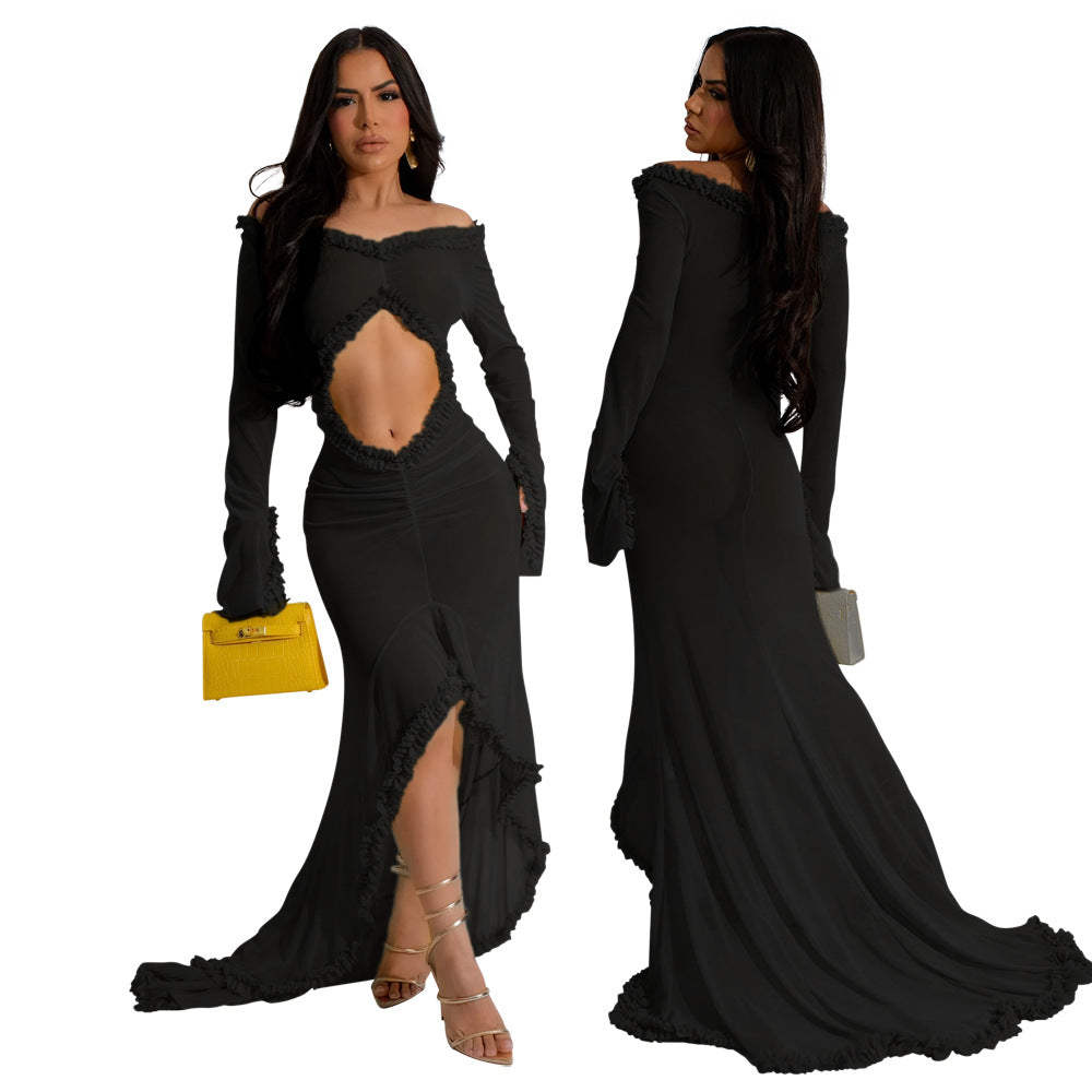 Solid Color See-Through Off Shoulder Long-Sleeved Sexy Long Dress