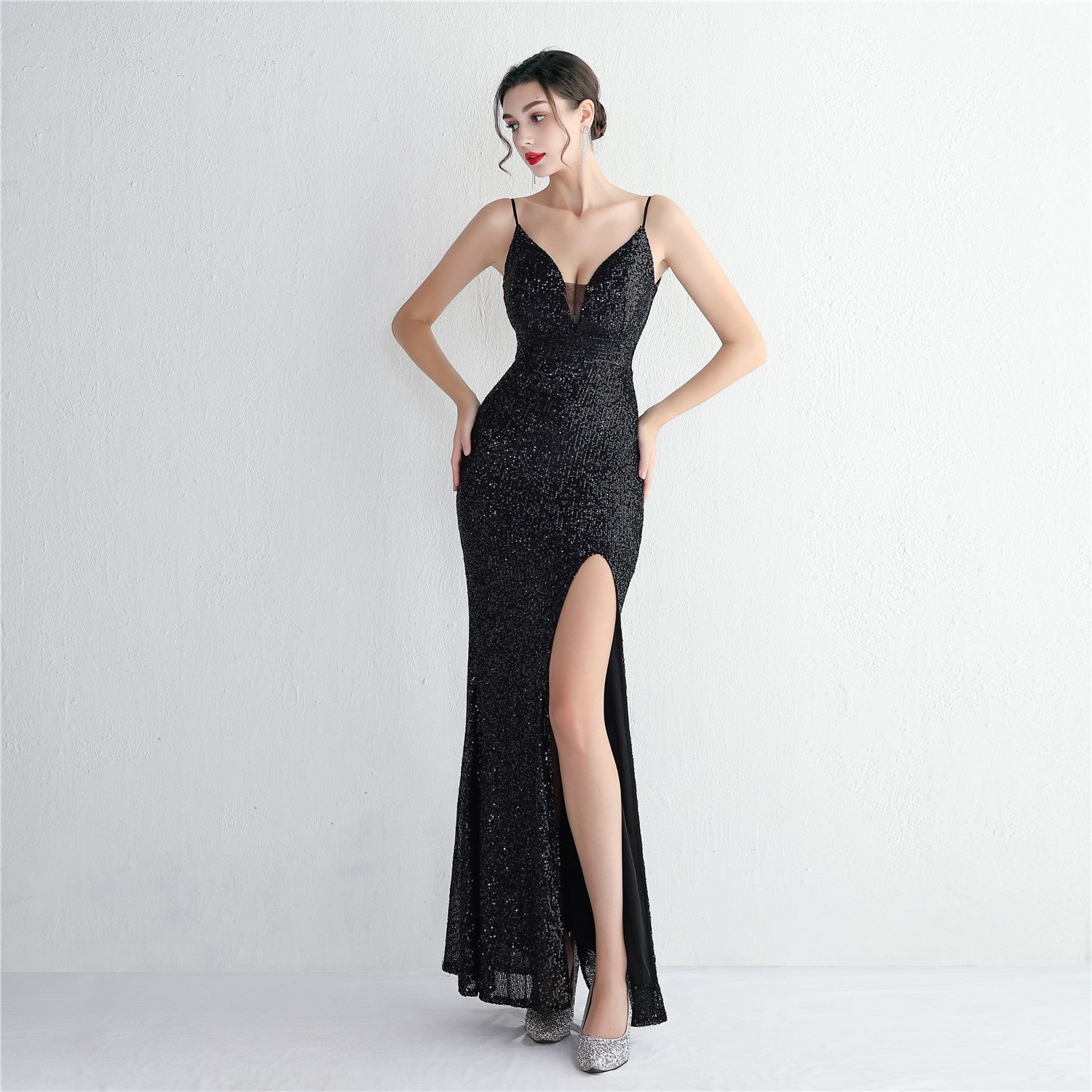 WomenElegant Sequins V Neck Backless SlitEvening Dress 5