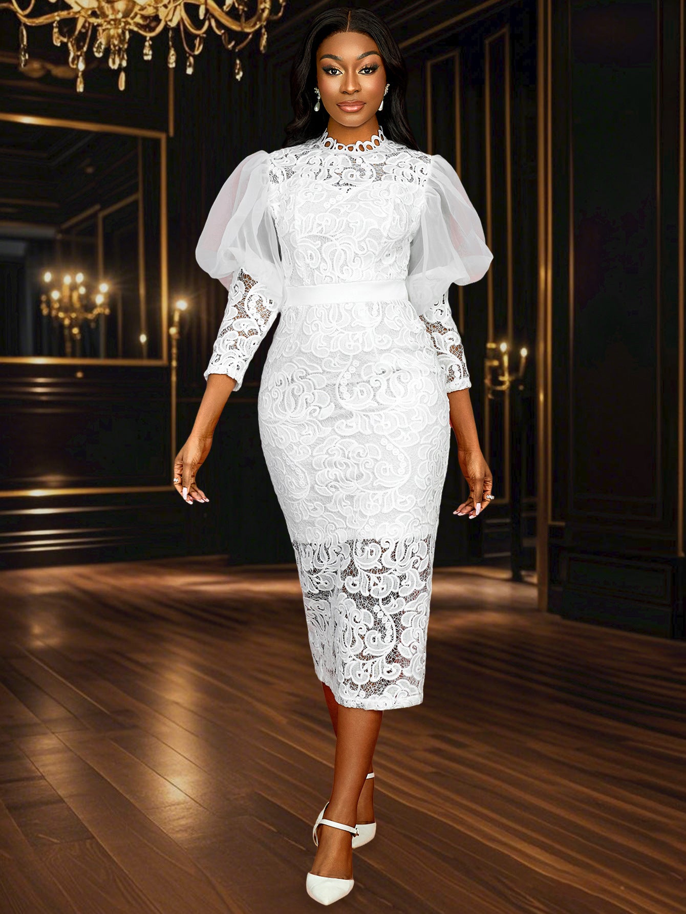 Lace Formal Party Puff-Sleeve Mid-Length Dress 7