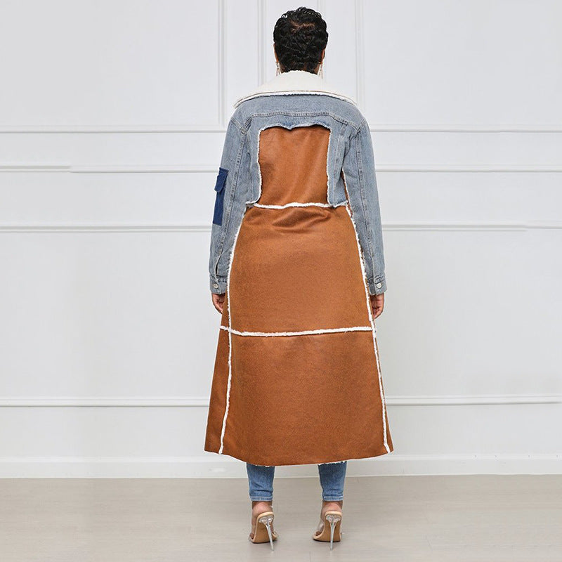 Winter Blue Denim Patch Fleece Full Sleeves Thick Long Coat 3