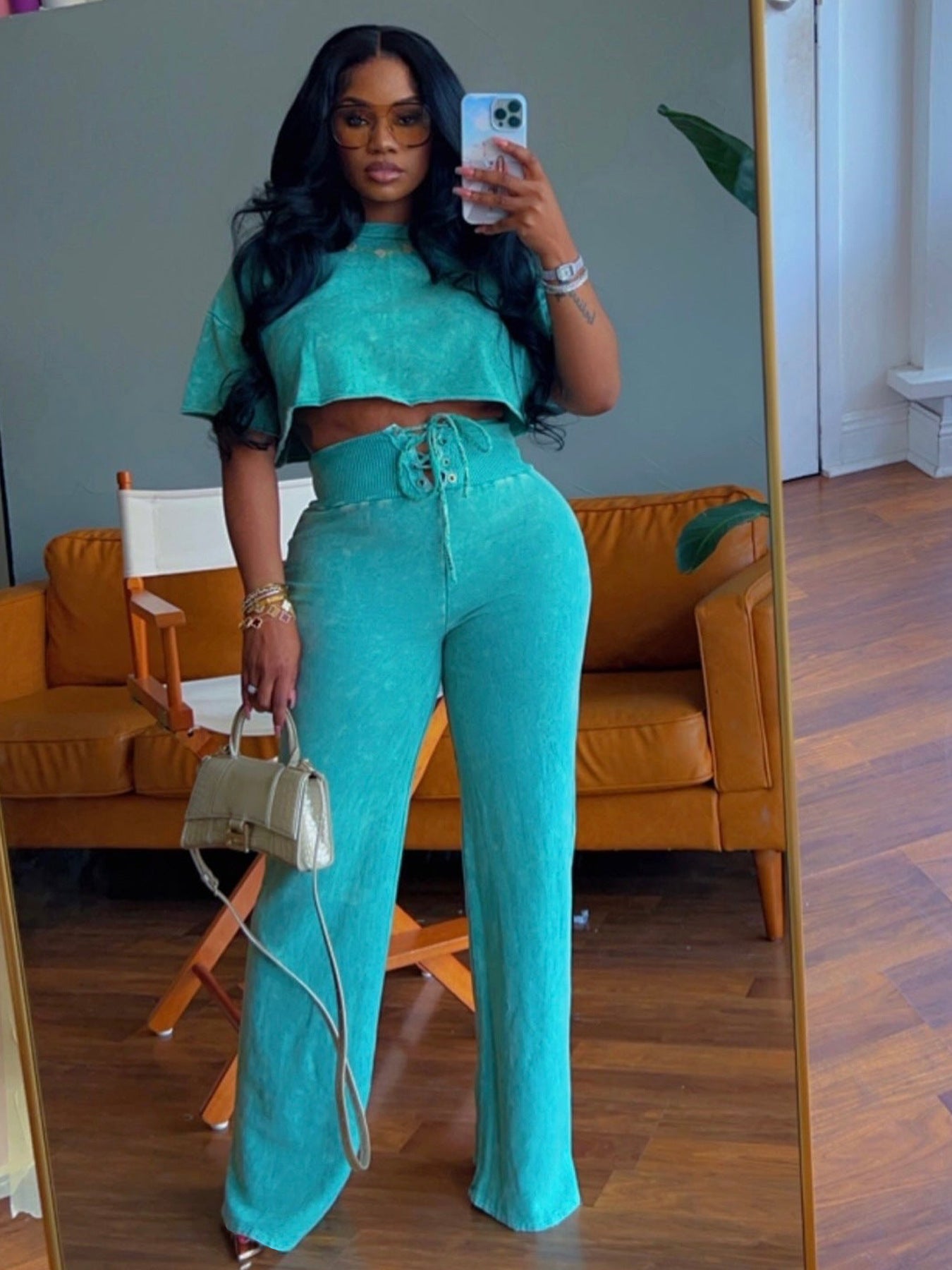 Women Casual Round Neck Top Lace-Up Pant Two-piece Set 9