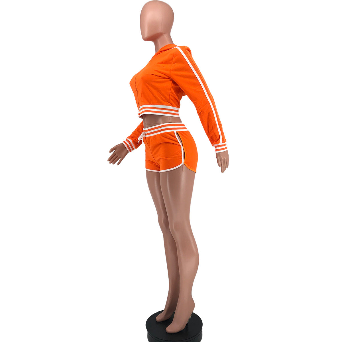 Women's Fashion Striped Patchwork Hooded Long Top Sexy Shorts Sports Two Piece Set 18