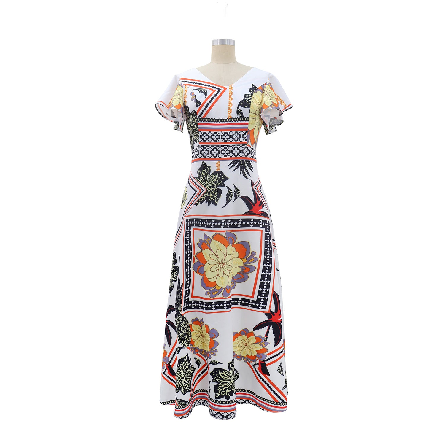 Women Print Holidays Casual Ruffle Sleeve V-Neck Floral Dress 3