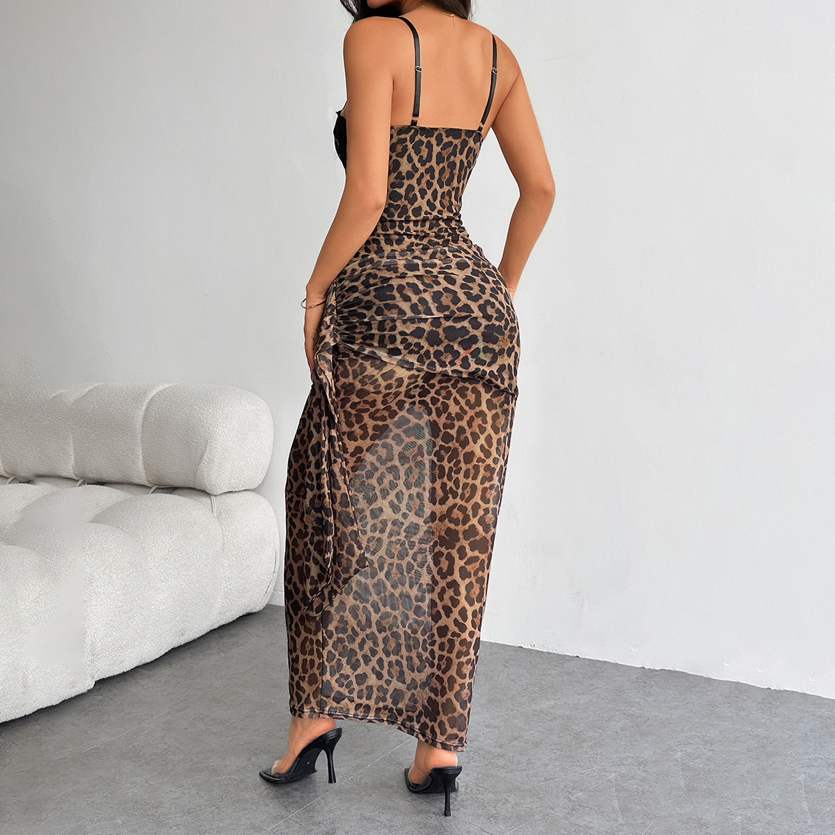 Women Leopard Print Sexy Lace Slim Strap Long Dress 5