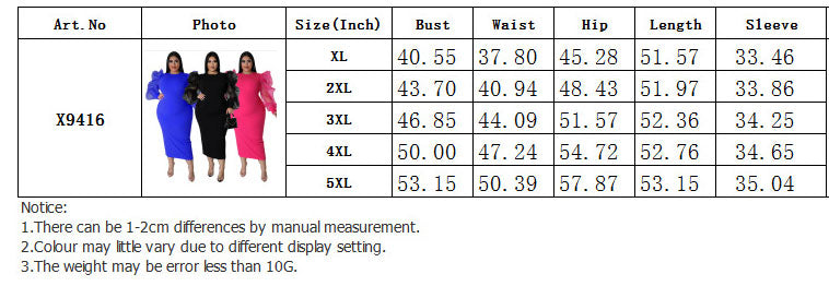 Fashion Solid Color Puff Mesh Long Sleeve V-Neck Plus Size Midi Dress 12