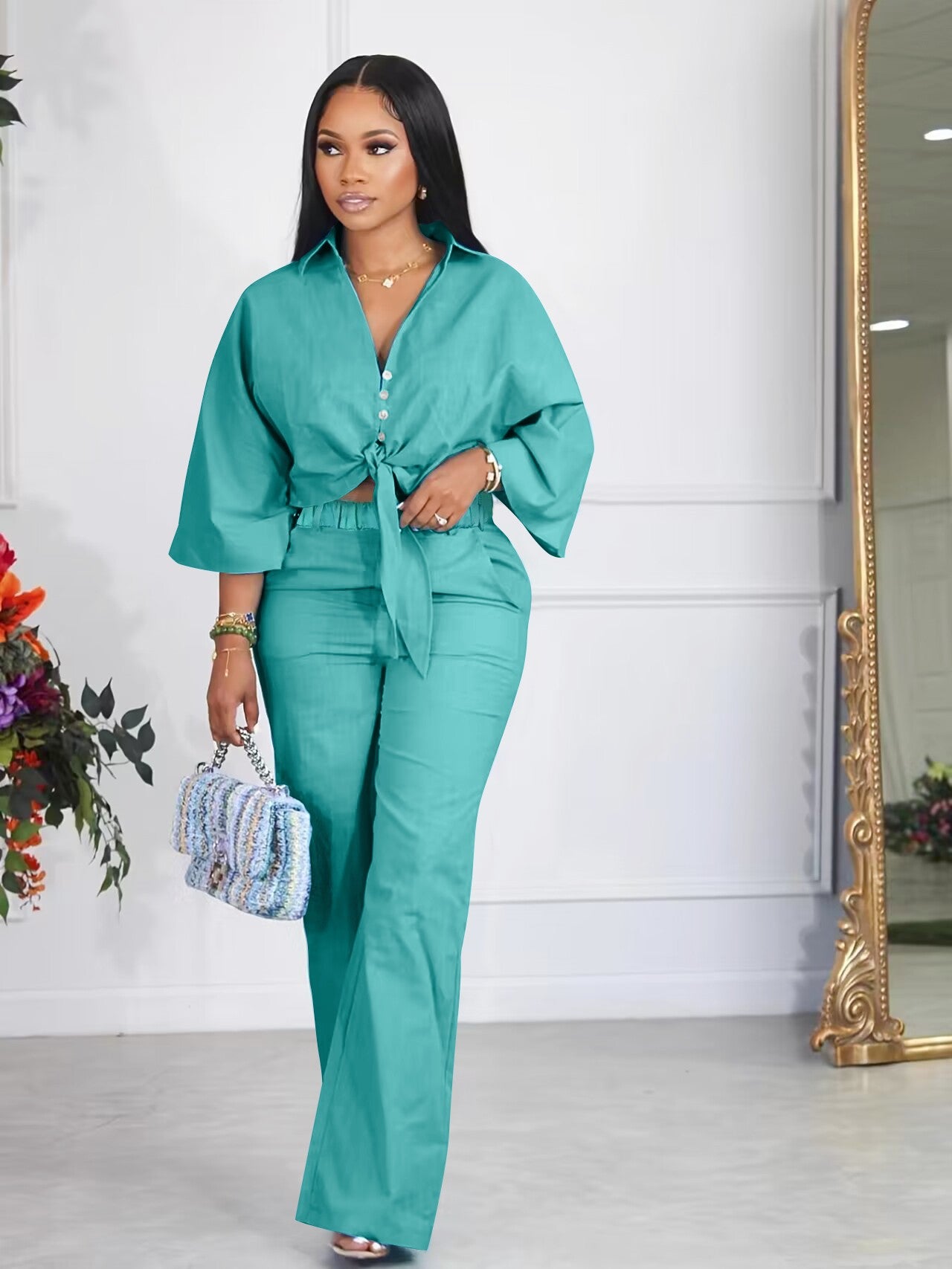 Women Solid Lace-Up Button Long Sleeve Loose-fit Top and Pant Casual Two-Piece Set