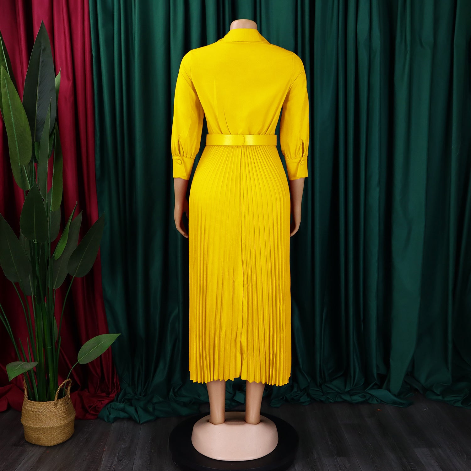 Spring V-Neck Solid Long Sleeve Pleated Dress for Women 10