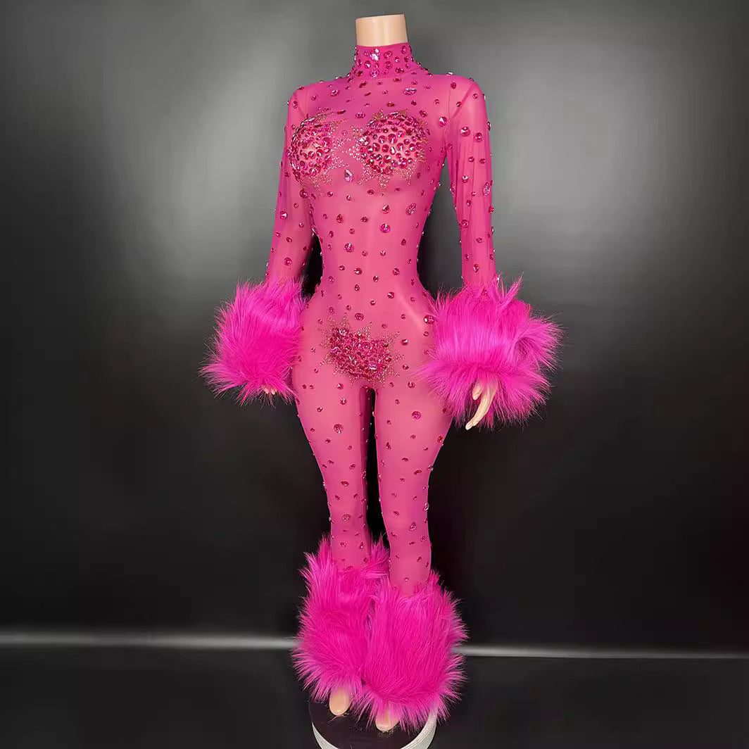 Women Sexy Style Fluffy Mesh See-Through Jumpsuit 11