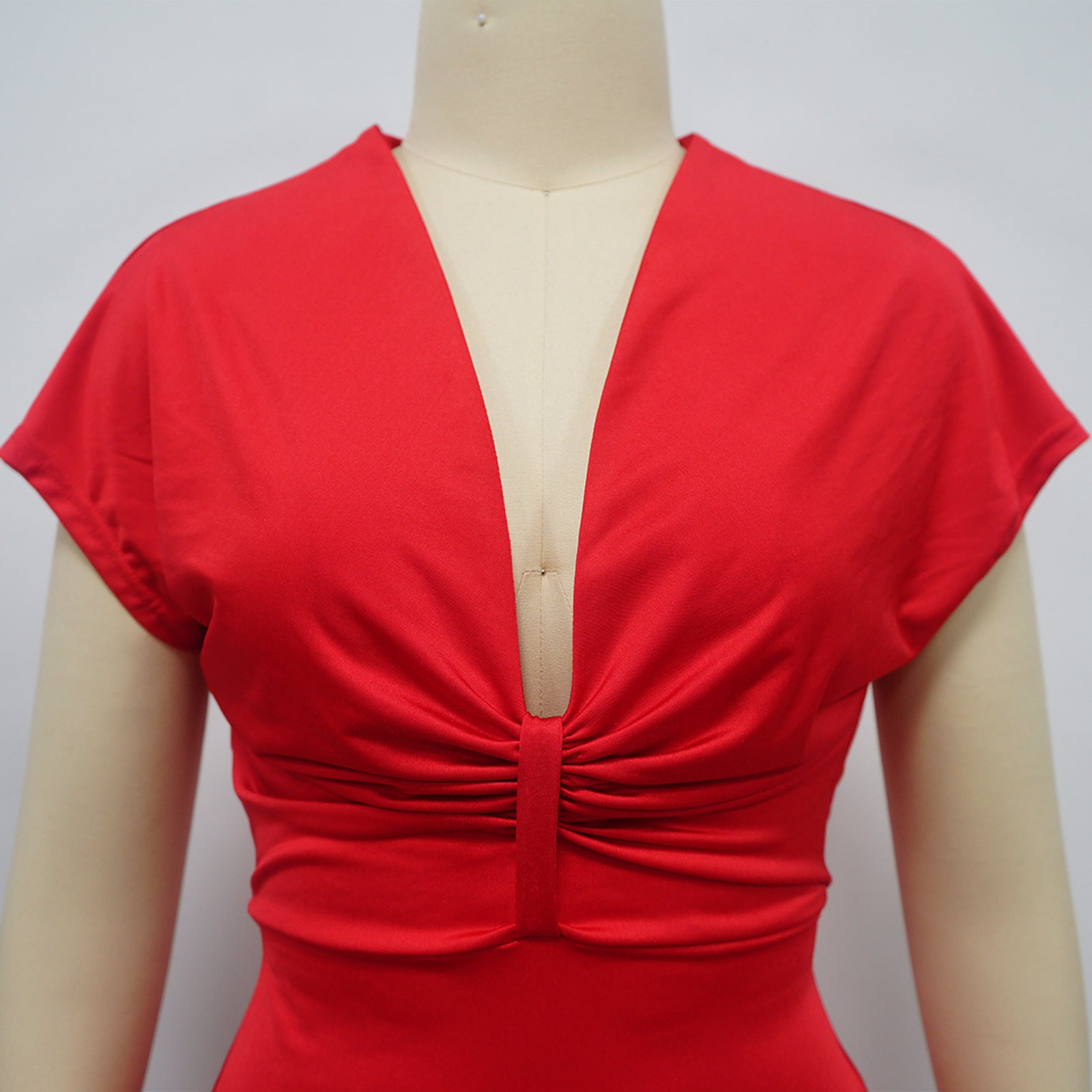 Fashionable Women's V-Neck Short-Sleeved Chic Slim-Fitting Back Slit Dress 16