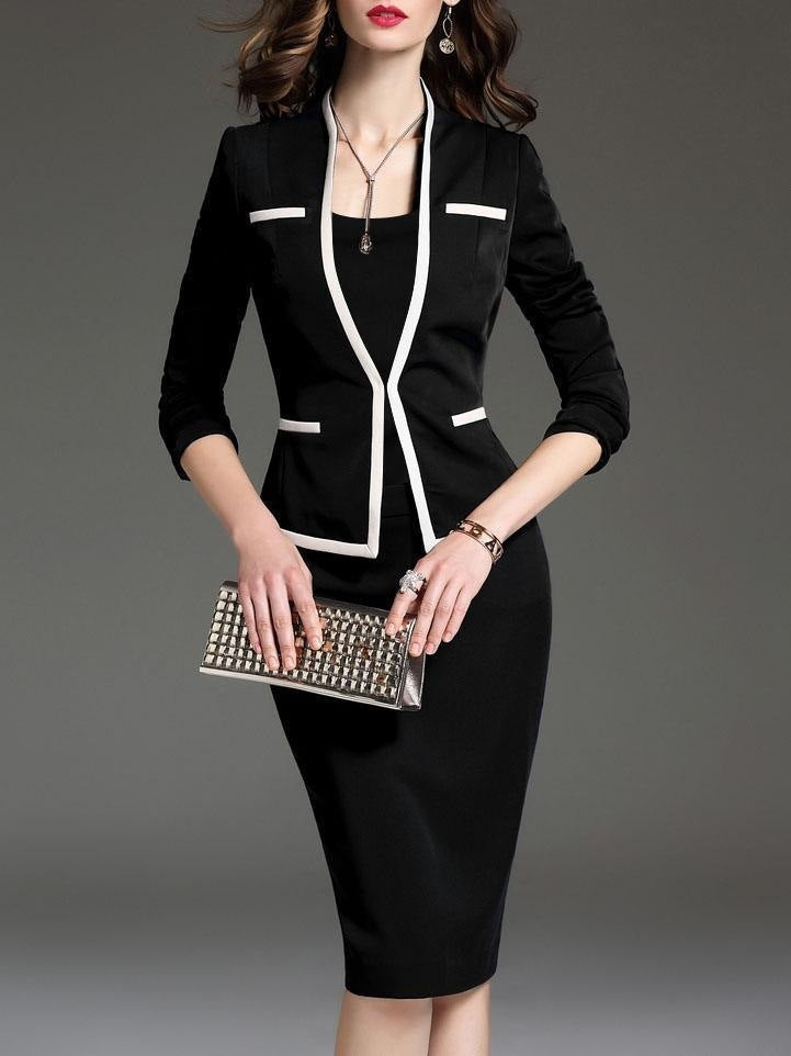 Women's Three Quarter Sleeve Fake Two Piece Patchwork Professional Bodycon Dress 9