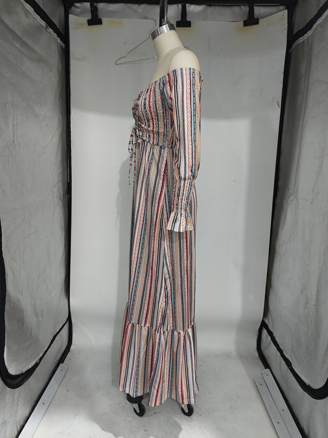 Autumn winter Casual Women's Off Shoulder long sleeve Striped maxi Dress 3