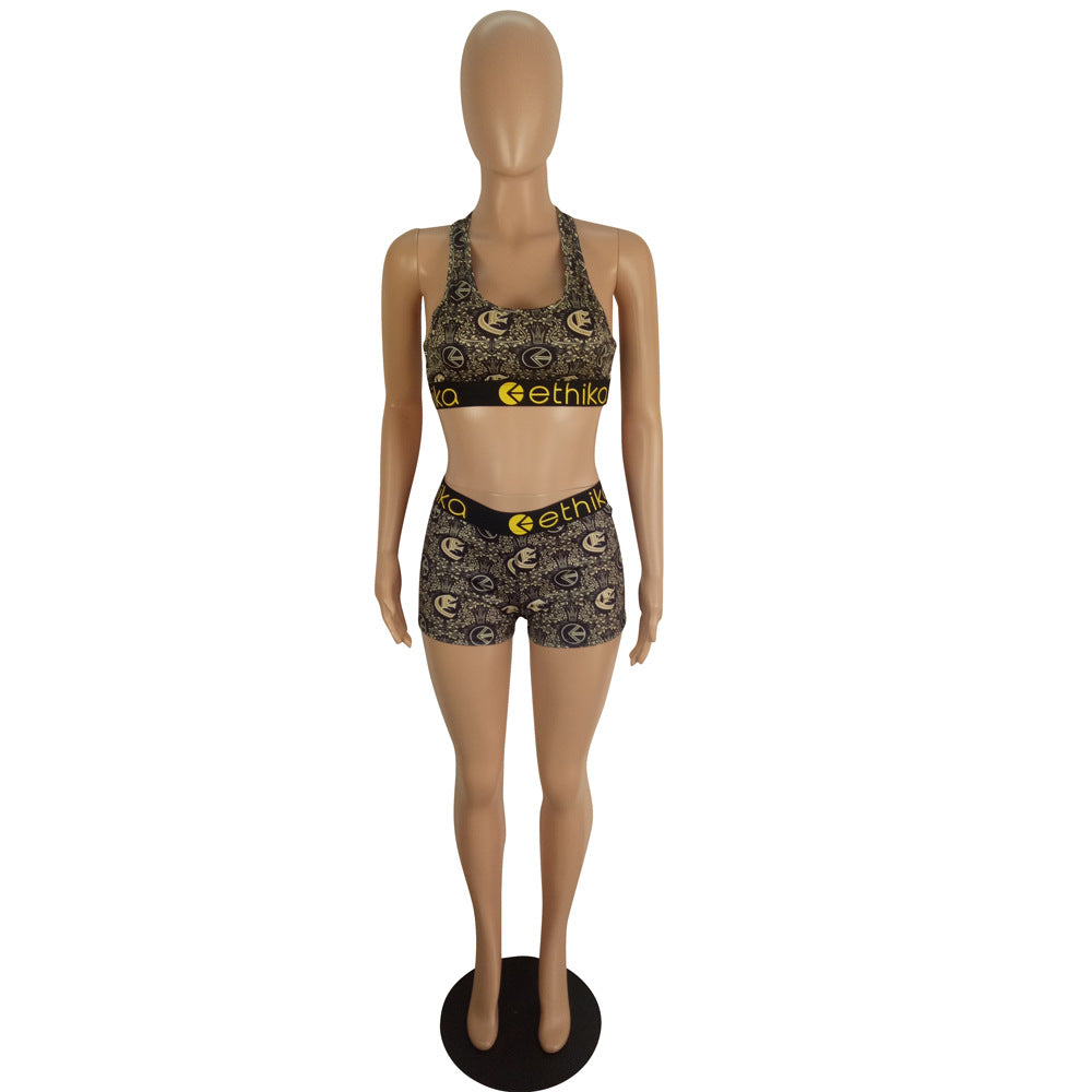 Women's Spring/Summer Slim Style Printed Sports Two-Piece Shorts Set 30