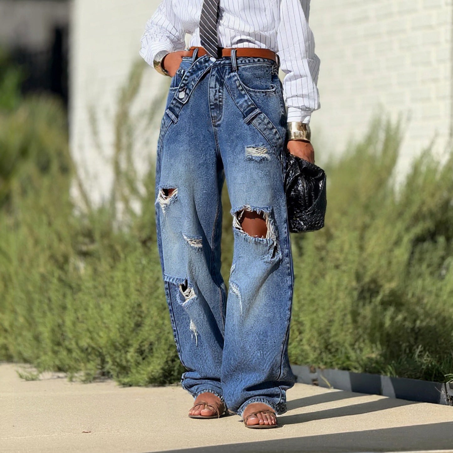 Ripped Wide Leg Denim Pants
