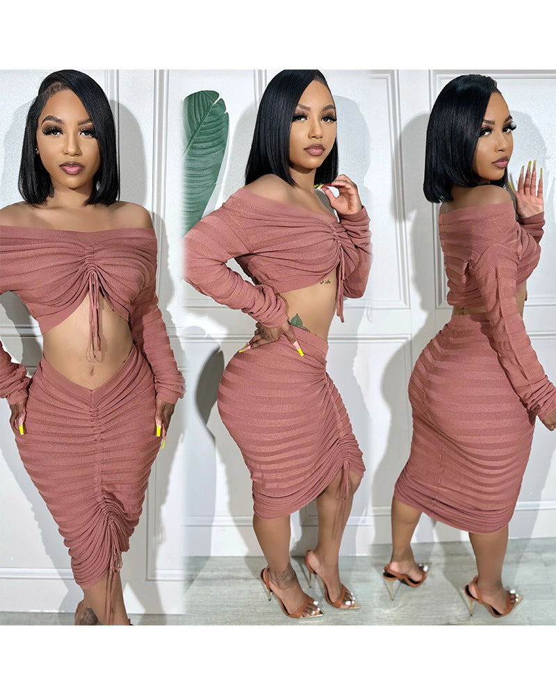 Women's Autumn and Winter Fashion Long Sleeve Off Shoulder Crop Top Drawstring Skirt Knitted two piece Set