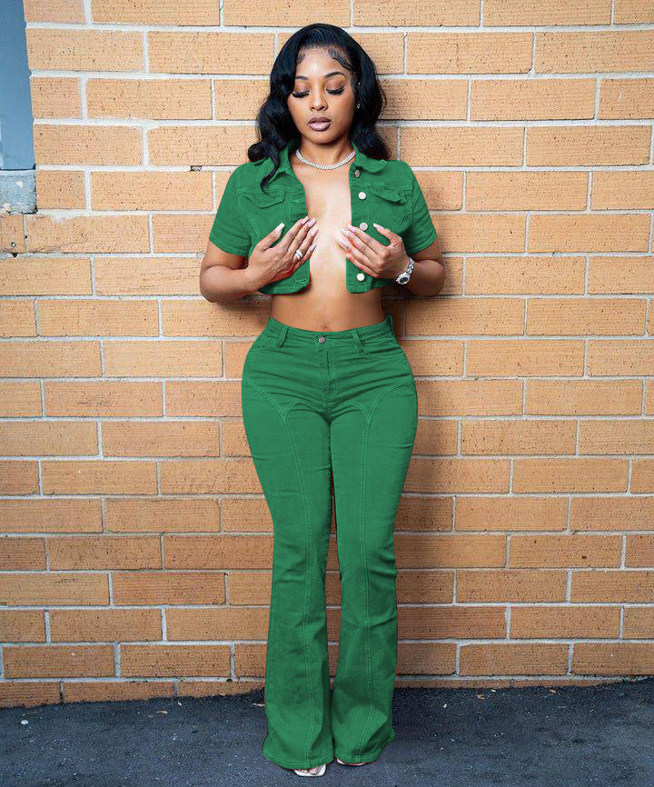 Spring And Summer Denim Short Sleeve Suit Solid Color Jacket Bell Bottom Stretch Pants Two Piece Set 3