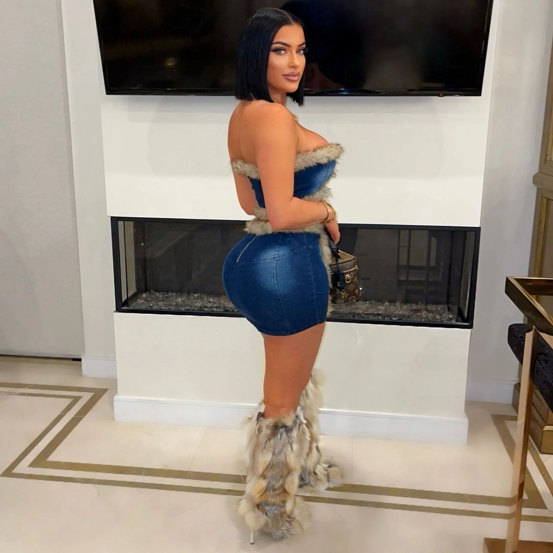 Women Plush Strapless Top and Bodycon Skirt Denim Two Piece Set 8