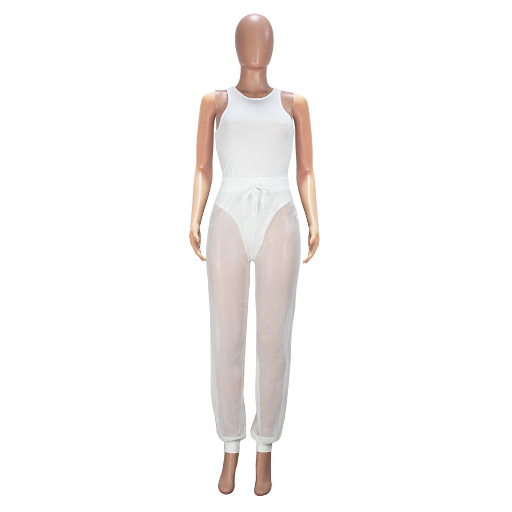 Women Sleeveless Sexy Cutout Pants Mesh Two-Piece Set 12