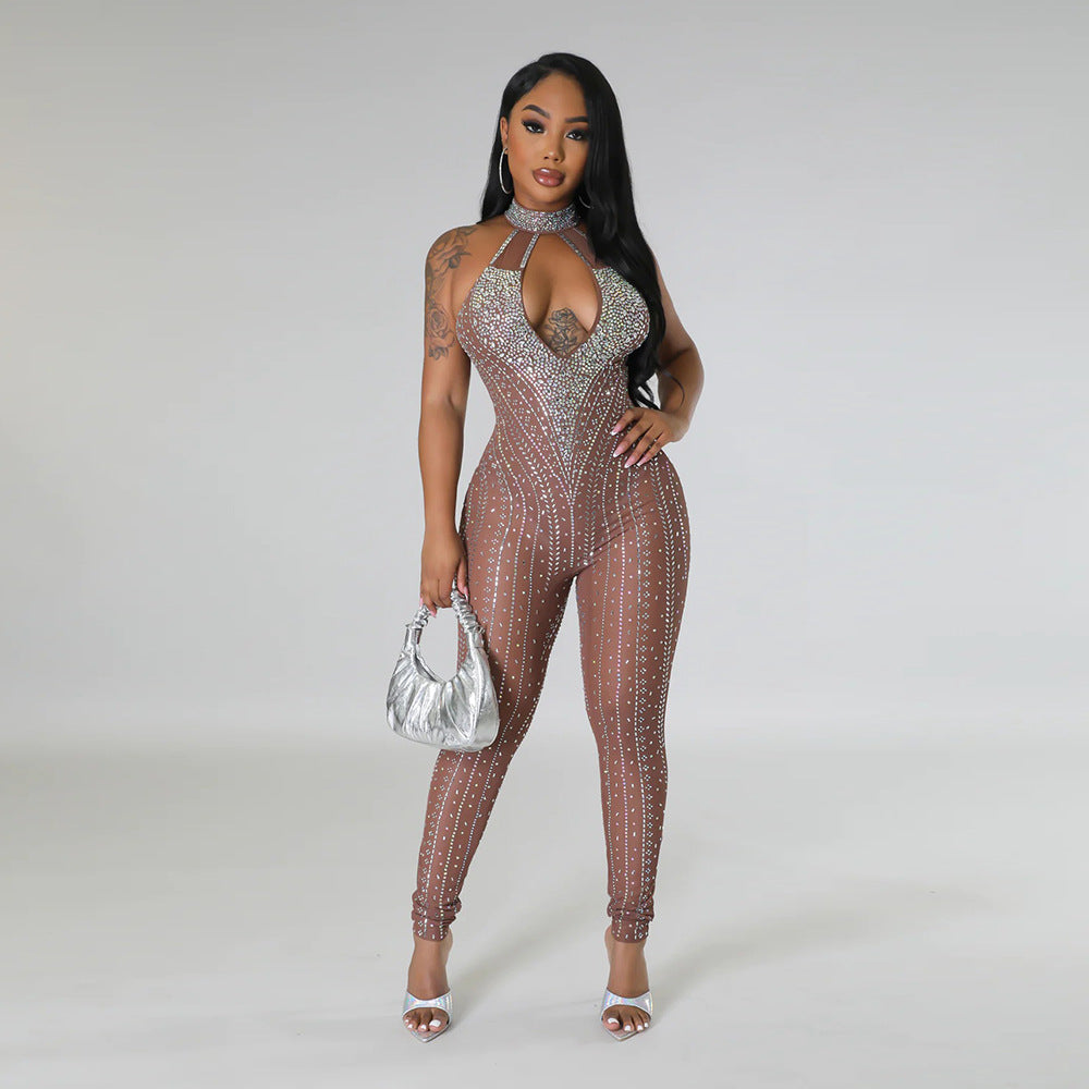 Sexy Cutout Beaded Sexy See-Through Zippered Jumpsuit Slim Fit Sleeveless Trousers 4