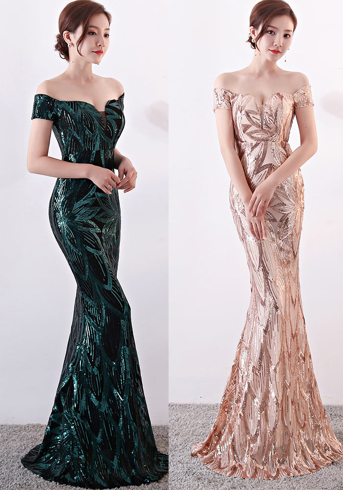 Off-Shoulder Slim Fit Sequin Fishtail Long Formal Party Evening Dress 7