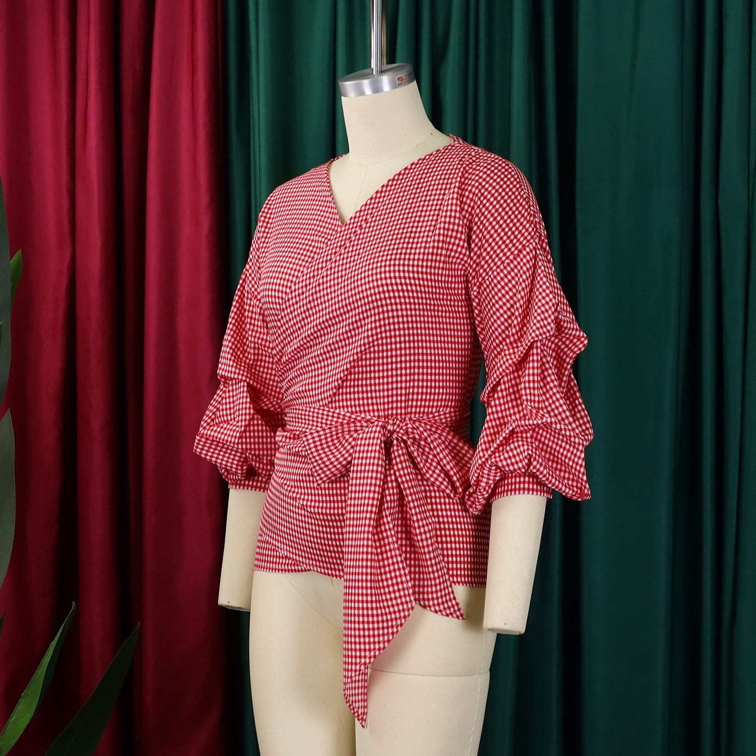 Summer Plus Size Fashion V-Neck Bubble Sleeves Lace-Up Plaid Shirt Top 5