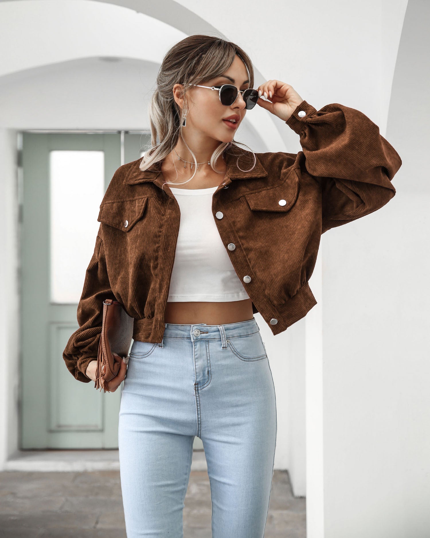 Women Casual Turndown Collar Corduroy Balloon Sleeve Single Breasted Crop Jacket 15