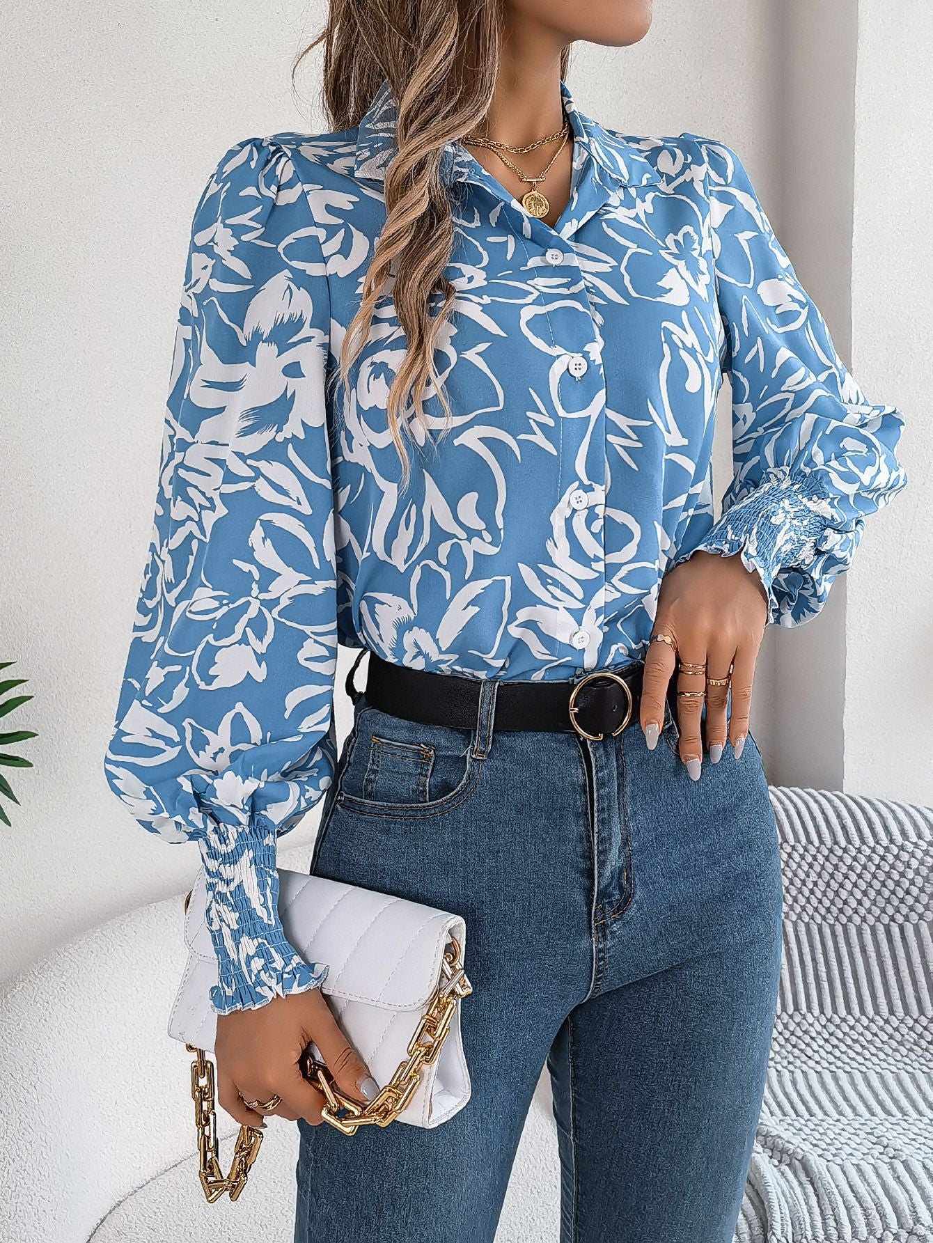 Autumn Winter Elegant Contrast Color Flower Printed Lantern Sleeve Turndown Collar Women's Shirt 9