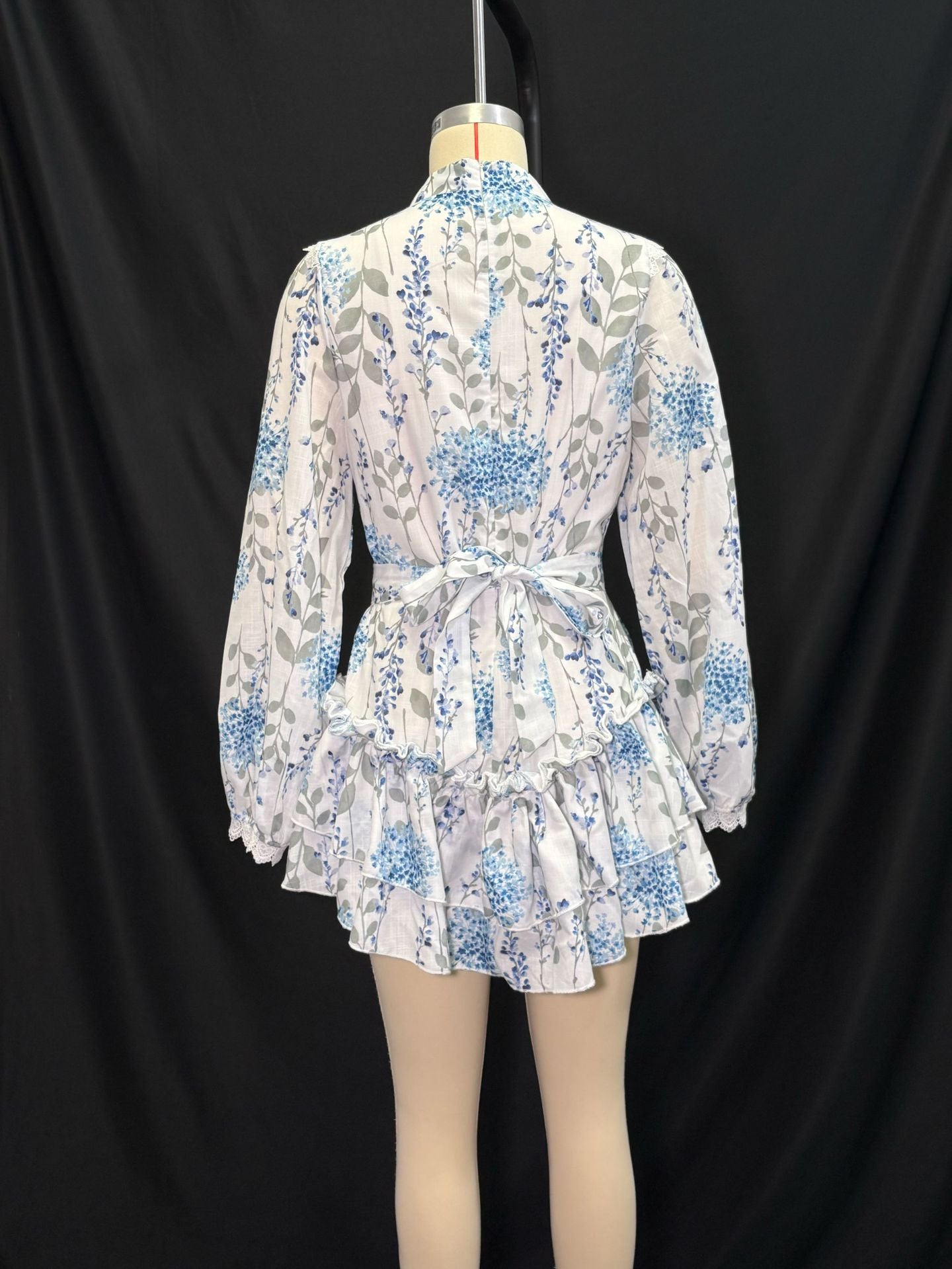 Women summer blue and white printed stand-collar puff sleeve long-sleeved ruffle dress 9