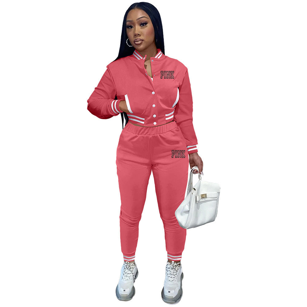 Women Printed Long Sleeve Baseball Jacket and Pant Two Piece 3