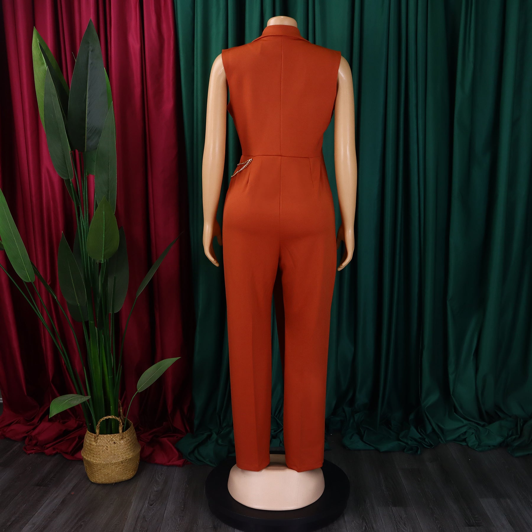 Women's Chic Elegant Turndown Collar Slim Waist Chain Loose Wide Leg Jumpsuit 15