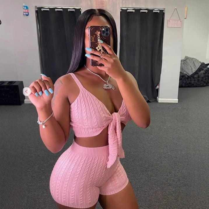Women Spring Solid Sexy Stretch Solid Knitting Suspender Top and Shorts Two-Piece Set 3
