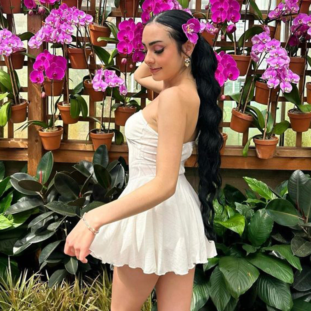 Women Elastic Wrap Backless Off Shoulder pleated skirt 16