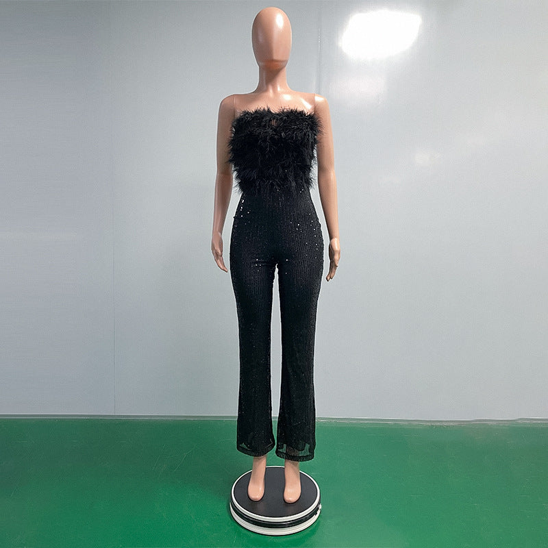 Bell Bottom Feather Strapless Sexy Fashion Jumpsuit 32