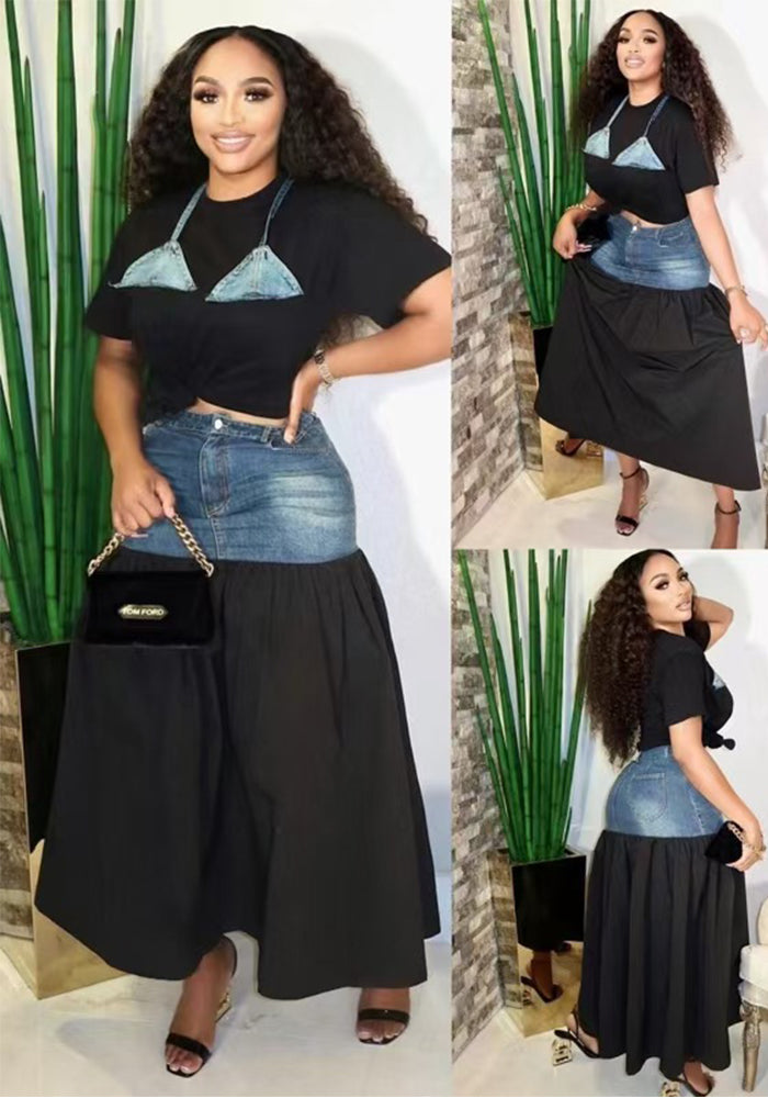 Fashion Denim Patchwork Contrast Color T-Shirt Skirt Two-Piece Set