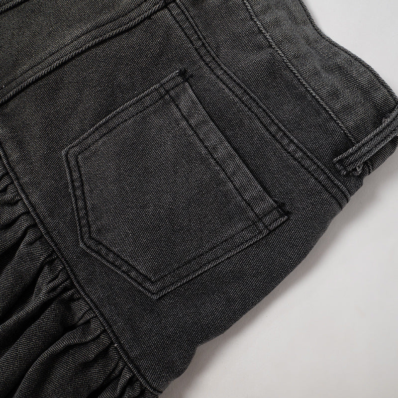 Women Autumn Solid Casual Button Zipper Denim Pleated Skirt 17