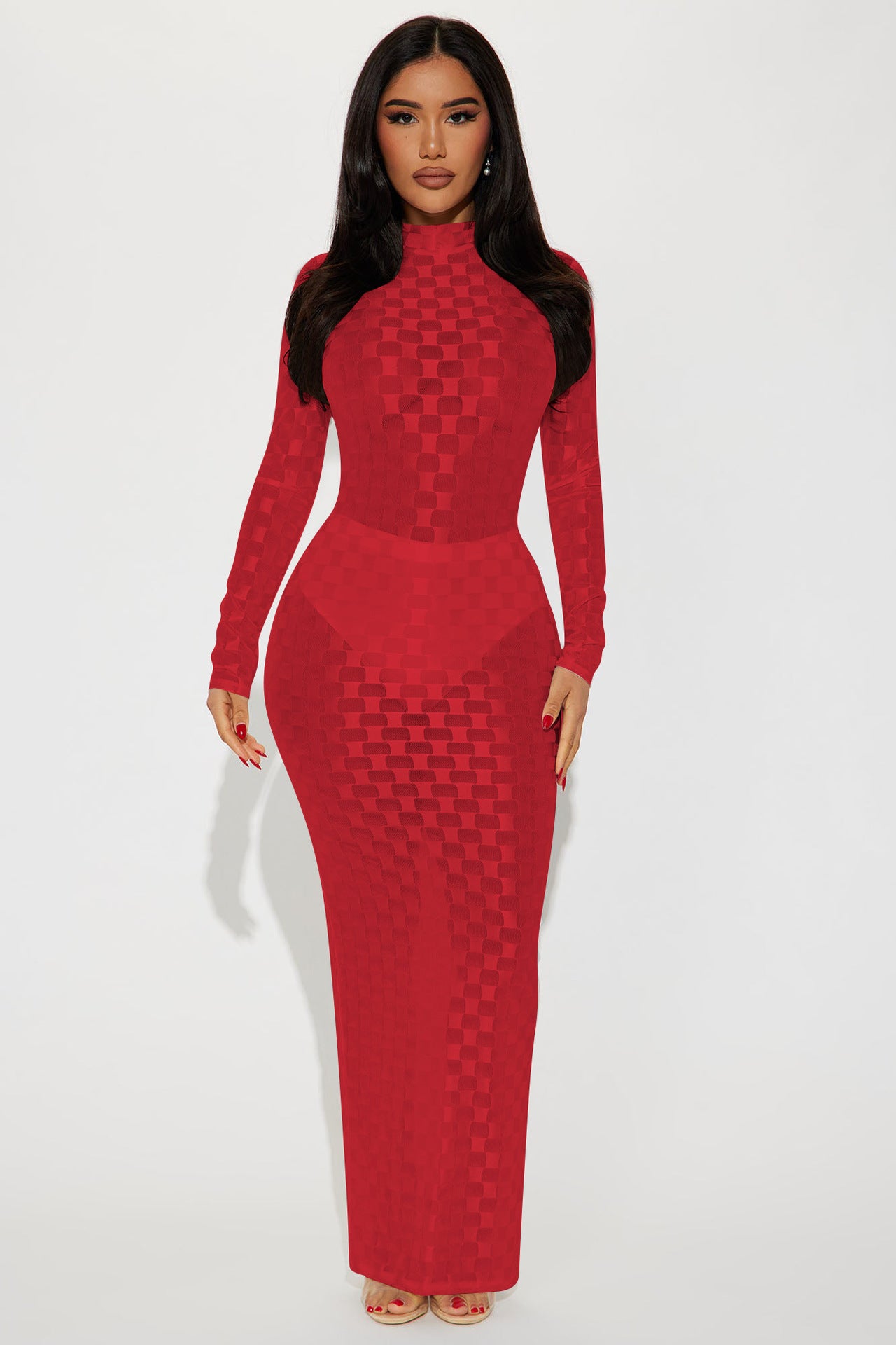 Women's Clothing Sexy Fashion Plaid Mesh Long Dress 3