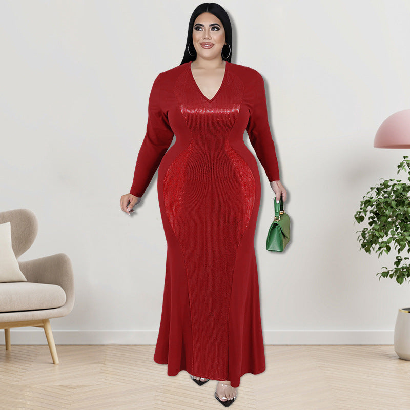 Plus Size Women Long Sleeve Sequin Maxi Dress 8