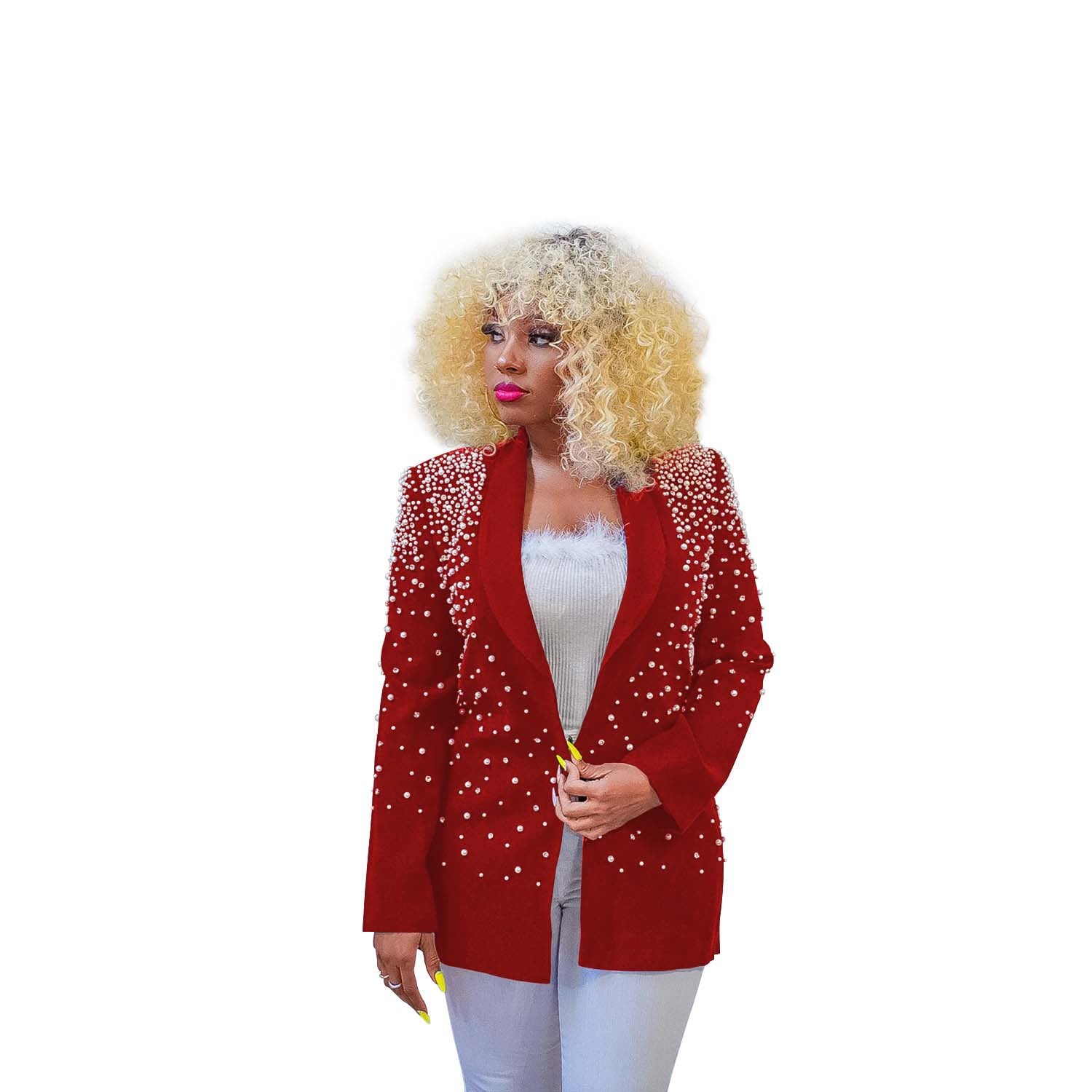 Women's Fashion Solid Color Beaded Turndown Collar Long Sleeve Blazer 14